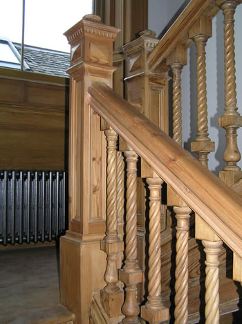 newel post with rope twist, spindles, handrail, restoration, reclaimed pitch pine, woodturning, made in Scotland, newel posts, conservation,