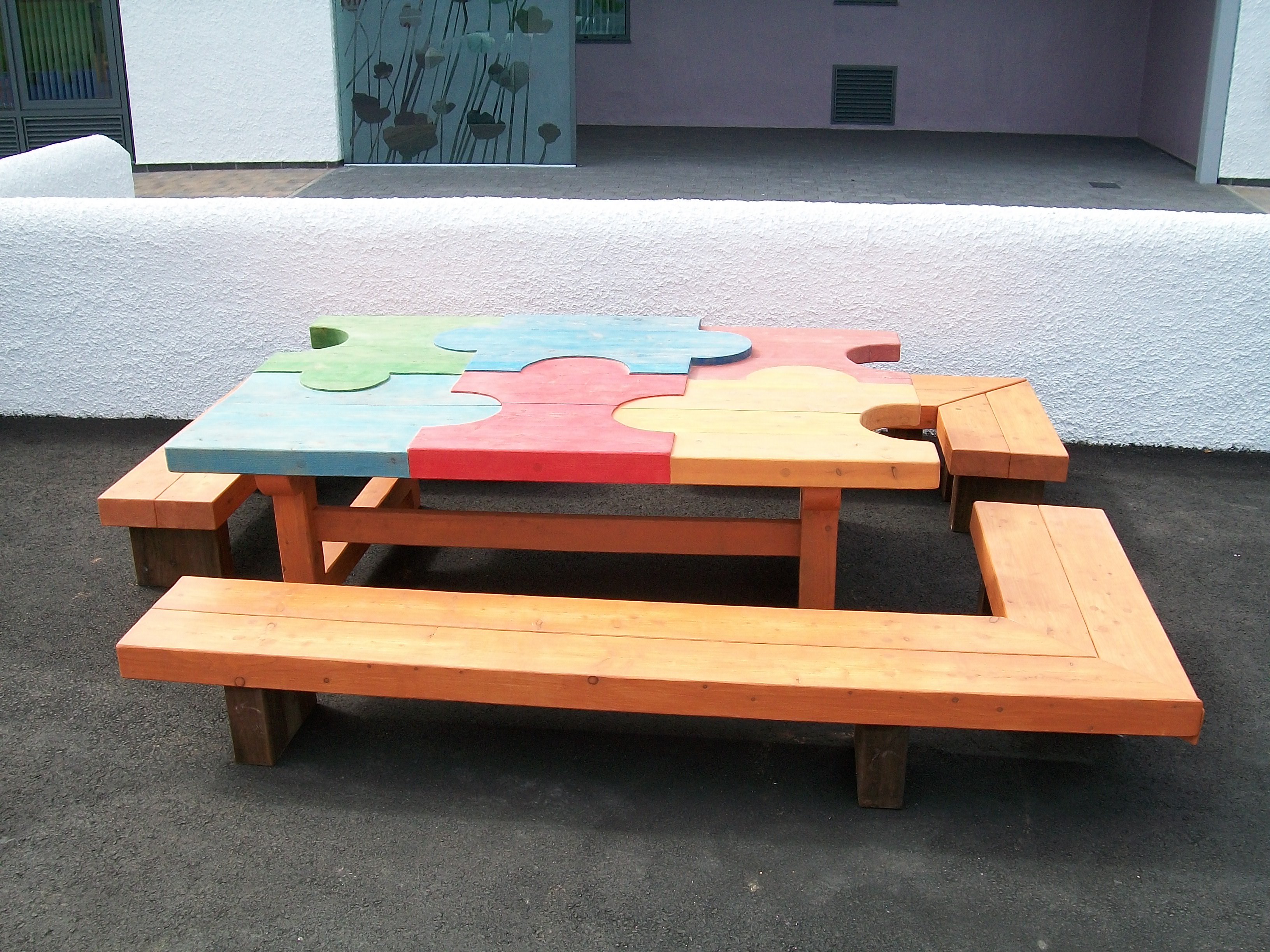 jigsaw table, friendship bench, Daliburgh school, gardens , garden furniture, sculpture, school playground, durable, outdoor furniture, bespoke, custom made,
