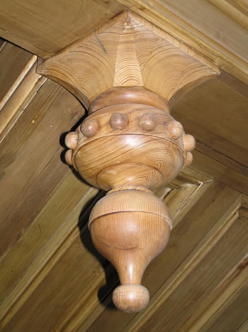 elaborate pendant finial, drop finial, reclaimed pitch pine, bespoke joinery, staircase restoration, conservation, specialist joinery, Victorian joinery ,