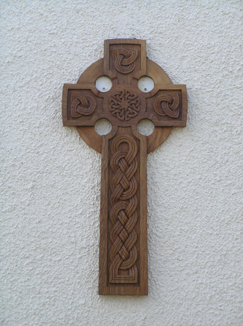 large cross, wall hanging, celtic cross, hand carved, solid oak, bespoke, church art, Scottish oak, sustainably sourced, made for a church,