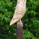 hand carved, solid oak, owl sculpture, New Lanark, bespoke carving, custom made carving, outdoor sculpture,