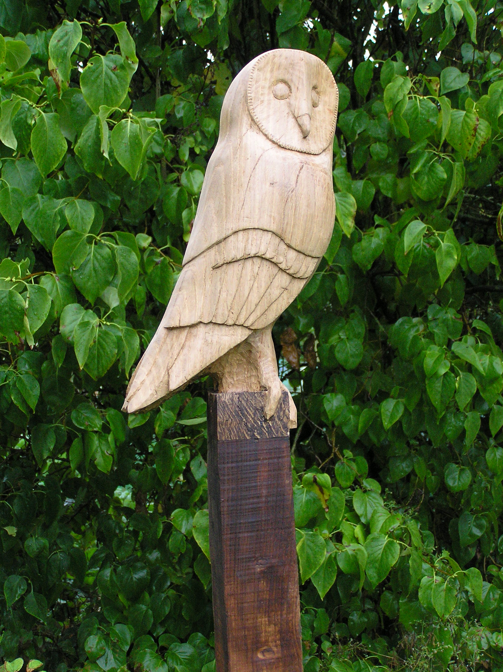 owl, owl on post, hand carved, solid oak, owl sculpture, bespoke carving, outdoor sculpture, New Lanark Mills rooftop garden,