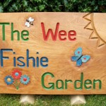 garden sign, wee fishie, oak, hand carved, hand painted, school garden, bee, butterfly, flowers, bespoke, eco garden, made in Scotland,