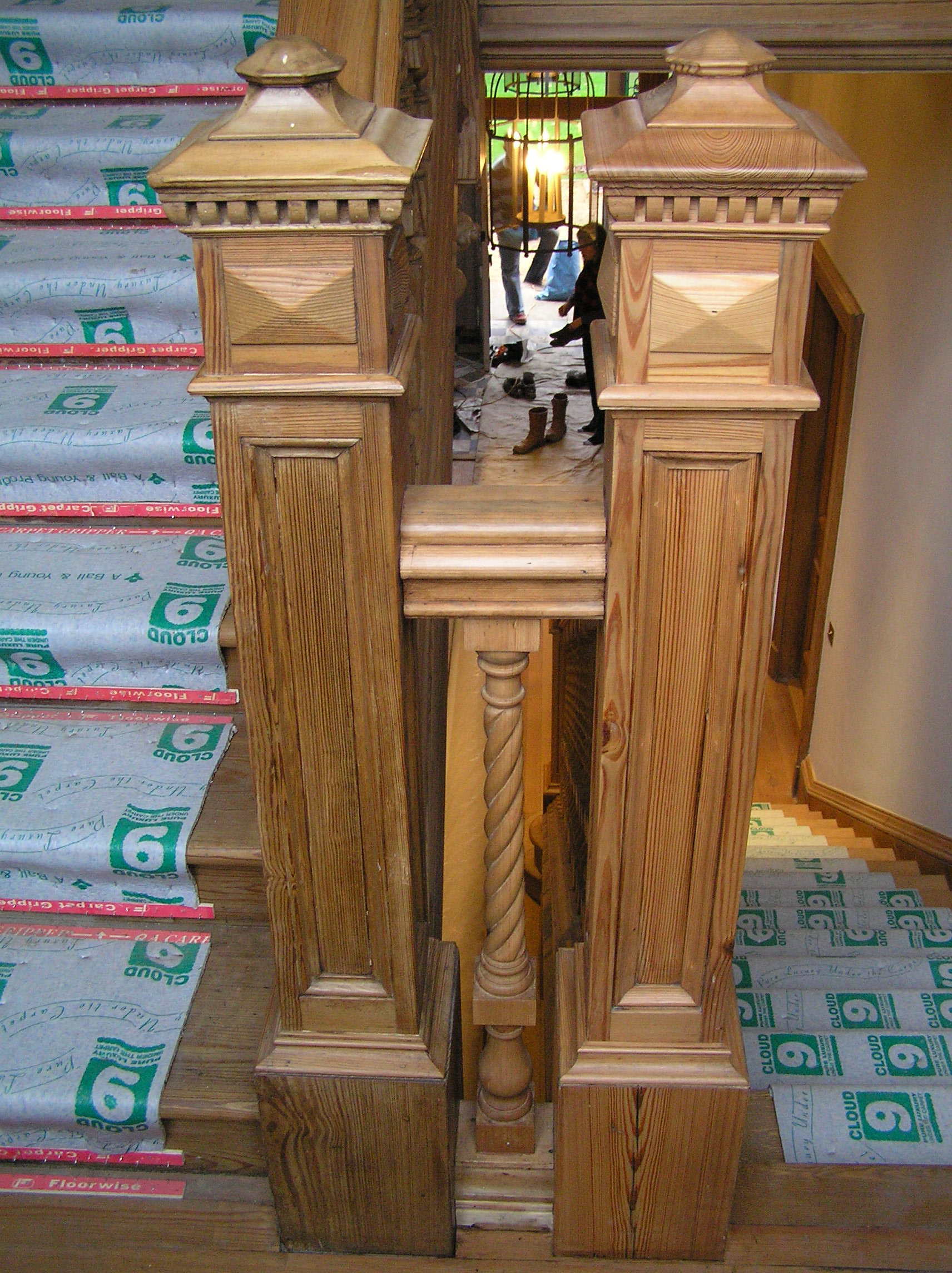 pitch pine newel posts, newel post, spindles, restoration, reclaimed, pitch pine, bespoke, custom made, replica, rope twist, conservation,