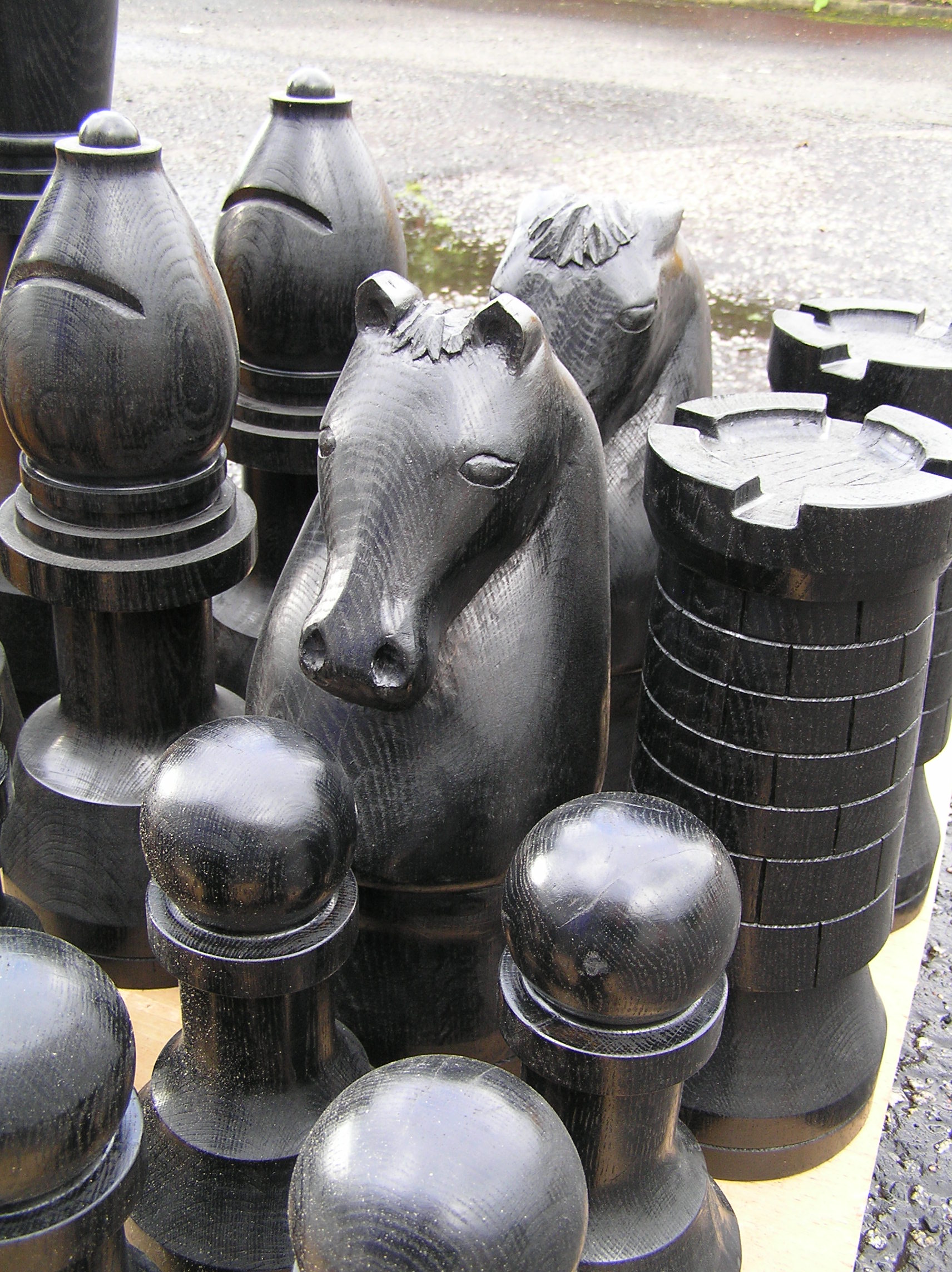 black chess pieces, solid oak, hand carved, traditional style, chess sets, outdoor chess , chess pieces, bespoke, custom made,