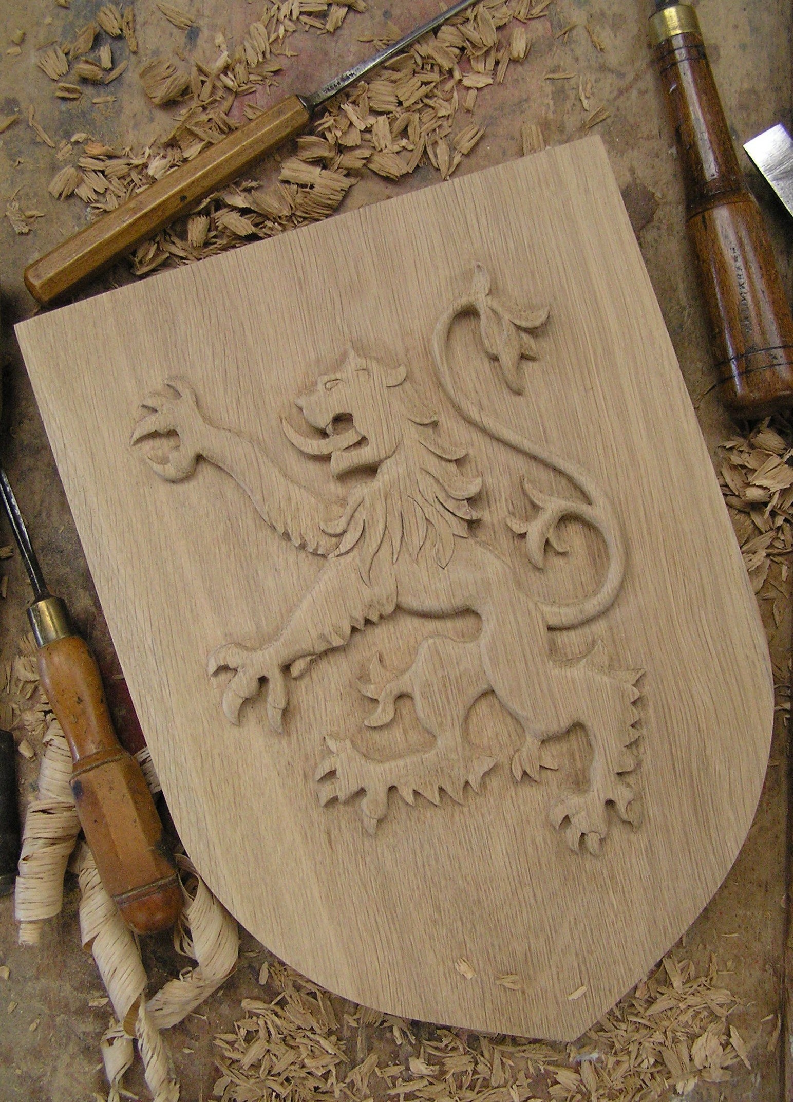 MacDuff Shield in progress, oak,hand carved,