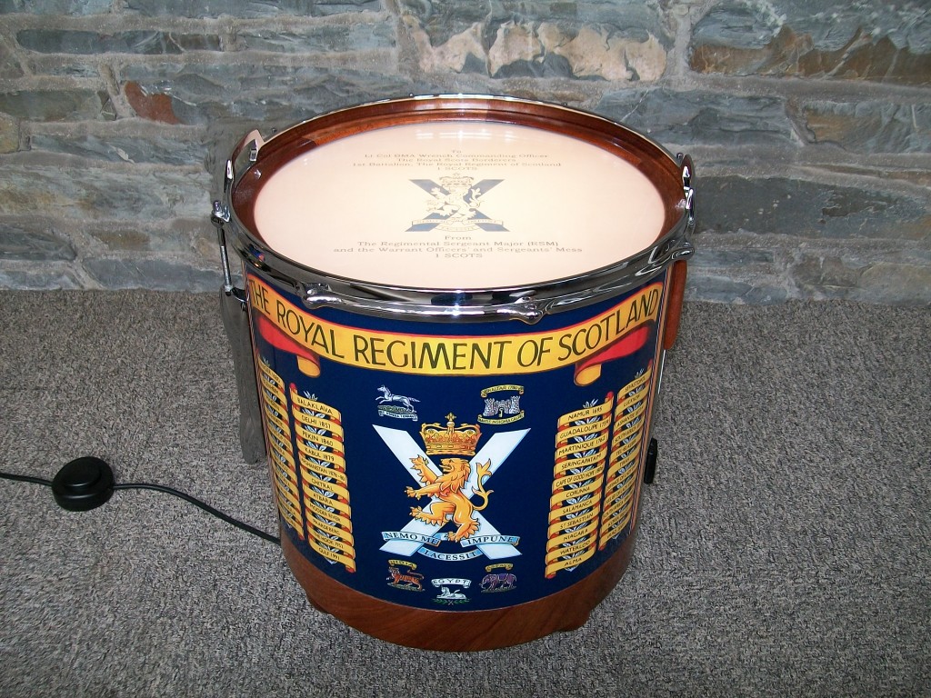 Presentation Drum Table, military presentation, bespoke, custom made, Scottish, repurposed drum,floor lamp,