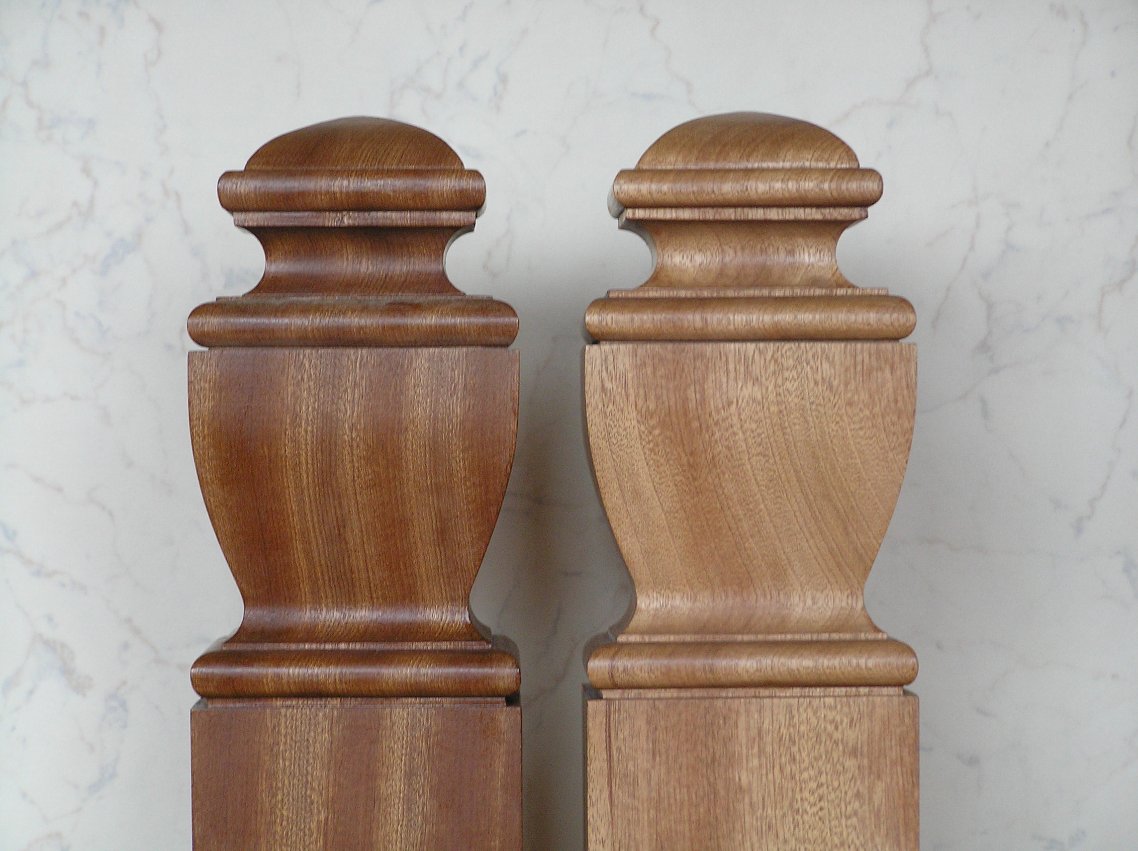 square mahogany newel cap, newel caps, square-section, to fit square newel posts, staircase restoration, conservation, custom made, bespoke,