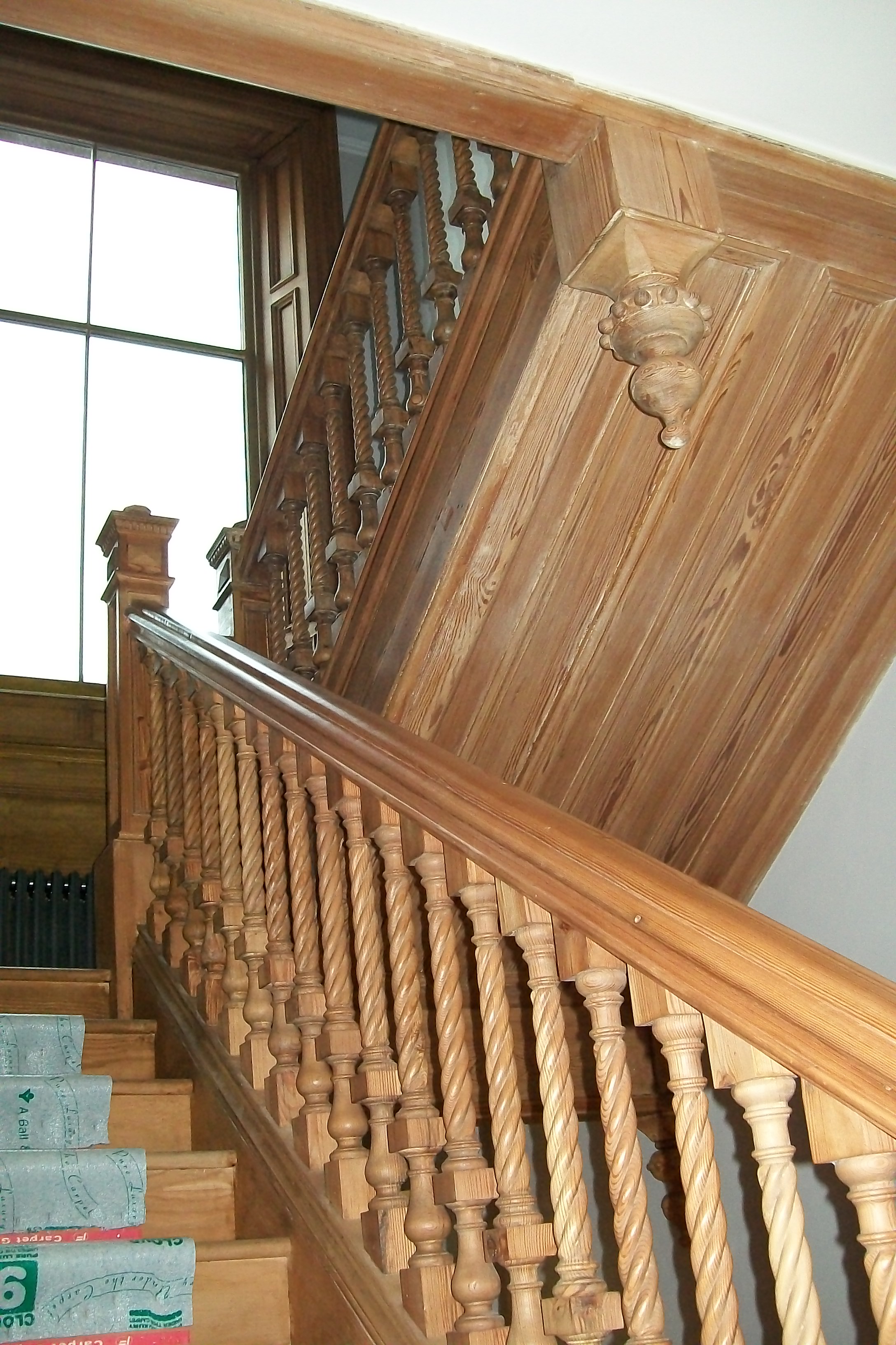 rope twist spindles, reclaimed, pitch pine, stair spindles, architectural joinery and turning, rope twist, newel posts, Victorian joinery, bespoke joinery,