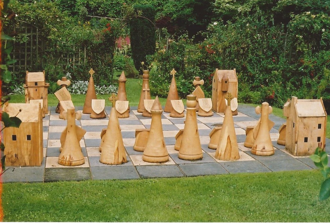 chess pieces , themed chess pieces, outdoor chess, chess sets, Scottish, medieval, sculpture, garden game, hand-made, woodturning,
