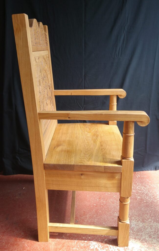 oak chair, carved chair, bespoke chair, hand carved chair, Scottish oak, Hammermans chair, custom made,