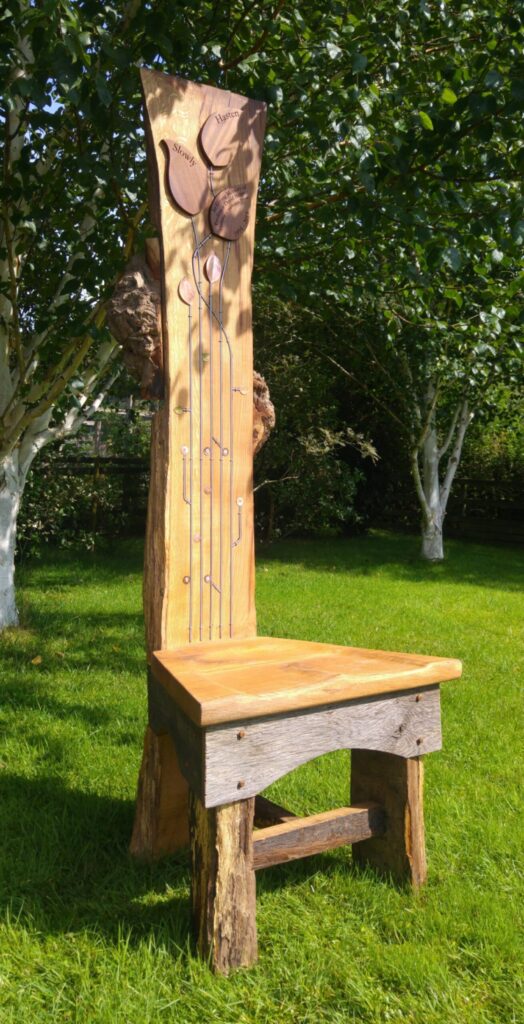 storytelling chair, oak chair, recycled copper, interactive chair, reclaimed oak, recycled brass, reclaimed teak, memorial chair,