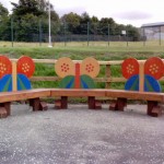 butterfly benches, school playground, friendship seat, custom made , outdoor learning, designed by pupils, made in Scotland, eco garden,