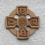 celtic cross, round, solid oak, celtic design, hand carved, sculpture, knotwork, carving, bespoke, custom made, made for a church wall,