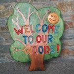 welcome sign, hand carved, solid oak, school playground, friendship garden, bespoke, outdoor learning, made in Scotland, eco garden,