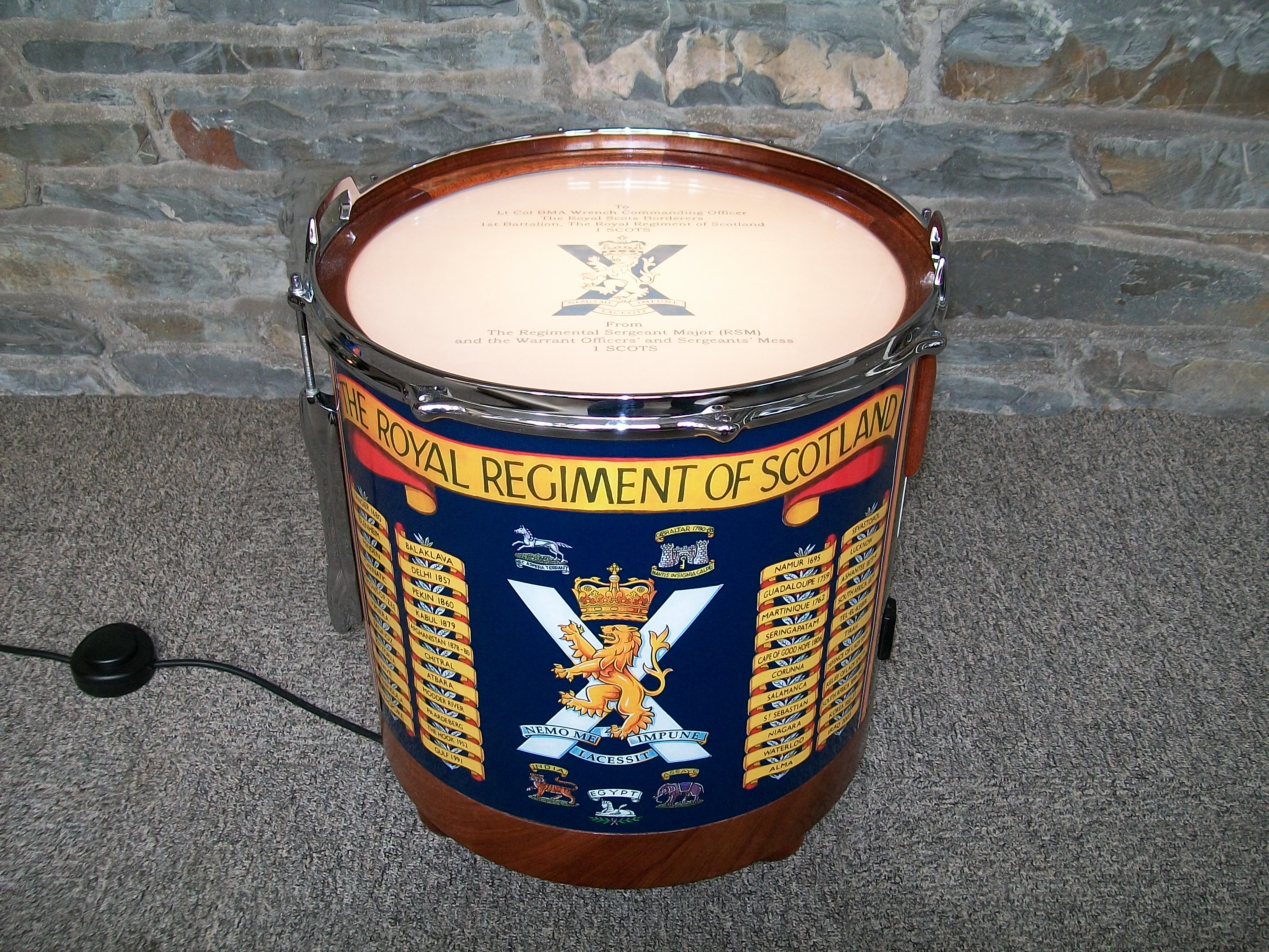 Presentation Drum Table, trophies, military presentation, bespoke, custom made, Scottish, repurposed drum,floor lamp,