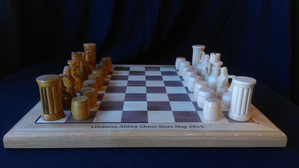 bespoke, custom made, chess set, hand carved, special design, Scottish oak, laburnum, maple, walnut,engraved board, Lindores Abbey Chess Stars Tournament,