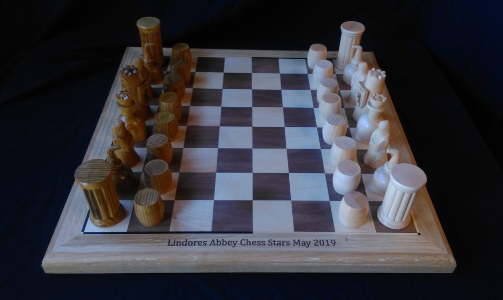 bespoke, custom made, custom design, Scottish hardwood, oak,laburnum, maple,hand carved, hand turned,Lindores Abbey Chess Stars Tournament,