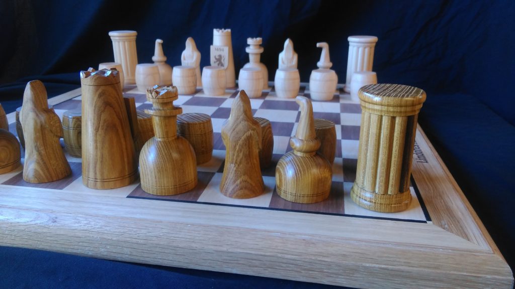 custom design, custom made , bespoke, chess set, Scottish oak, laburnum, maple, hand carved, hand turned,Lindores Abbey Chess Stars Tournament