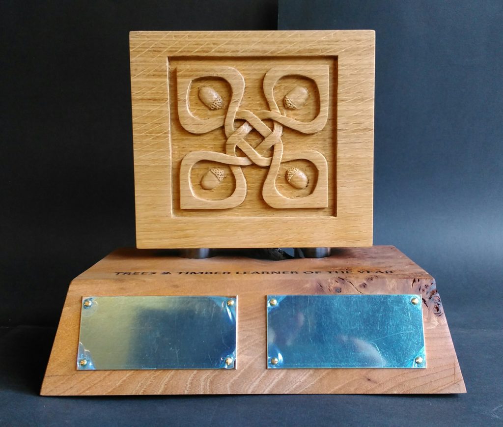 custom trophy, bespoke design, hand carved, oak, knotwork design,