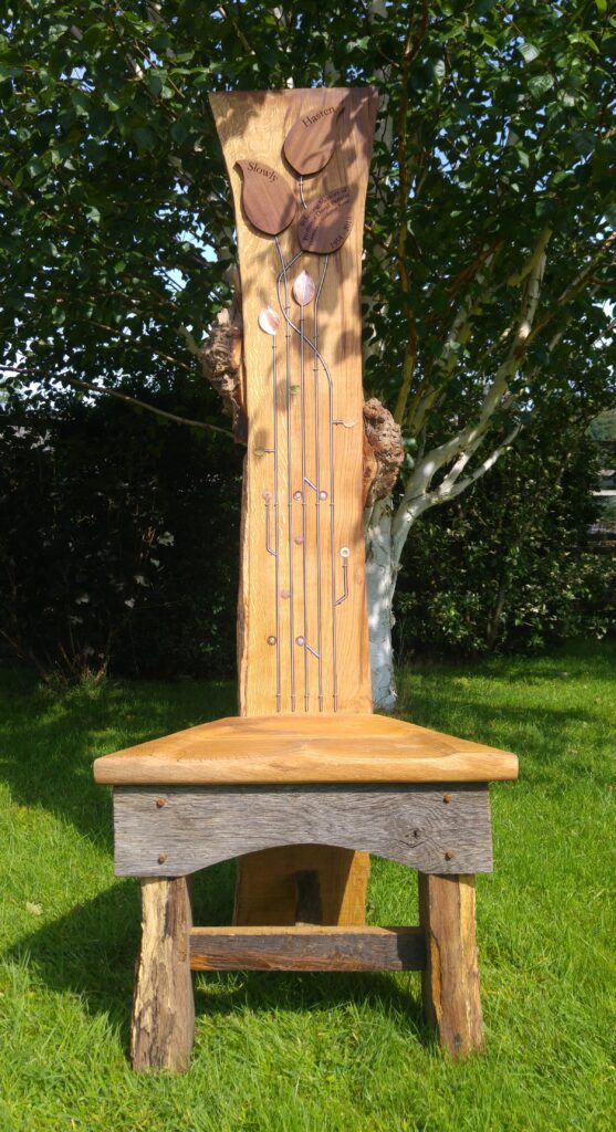 storytelling chair, memorial chair, interactive chair, reclaimed oak, local oak, Scottish oak, recycled copper, recycled brass, reclaimed teak, repurposed,